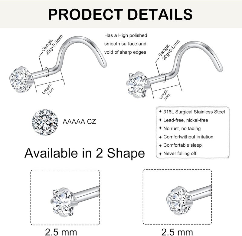 XoCiuKe 10Pcs 20G Nose Rings Studs for Women Corkscrew Sliver Nose Studs Hypoallergenic Nose Rings 316L Surgical Stainless Steel Nose Nostril Percing Jewely for Women Men Round Square CZ Imitation Diamond 1.5mm/2.0mm/2.5mm/3.0mm - Image 2